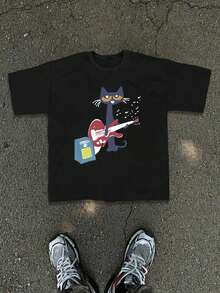 Cotton T-Shirt Boys & Teenagers Students Casual Print Round Neck Short Sleeve T-Shirt, Summer Top - màu đen - Xem 1