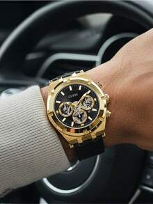 Guess Reloj de cuarzo de moda casual de negocios para hombres con tres esferas, función múltiple, esfera negra y dorada hueca, correa de silicona - GW0262G2 - Dorado - Ver 1