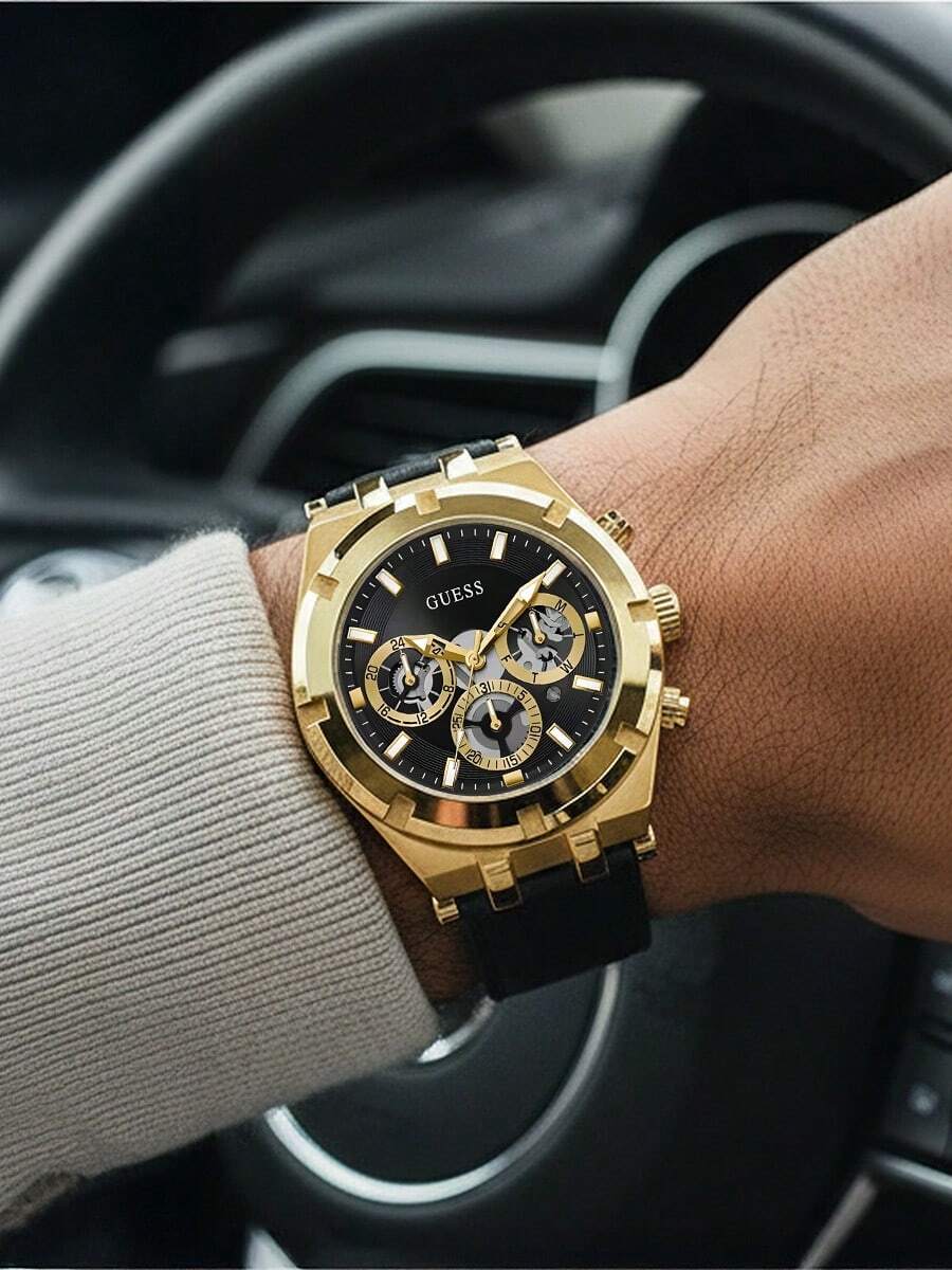 Guess Reloj de cuarzo de moda casual de negocios para hombres con tres esferas, función múltiple, esfera negra y dorada hueca, correa de silicona - GW0262G2 - Dorado - Ver 1