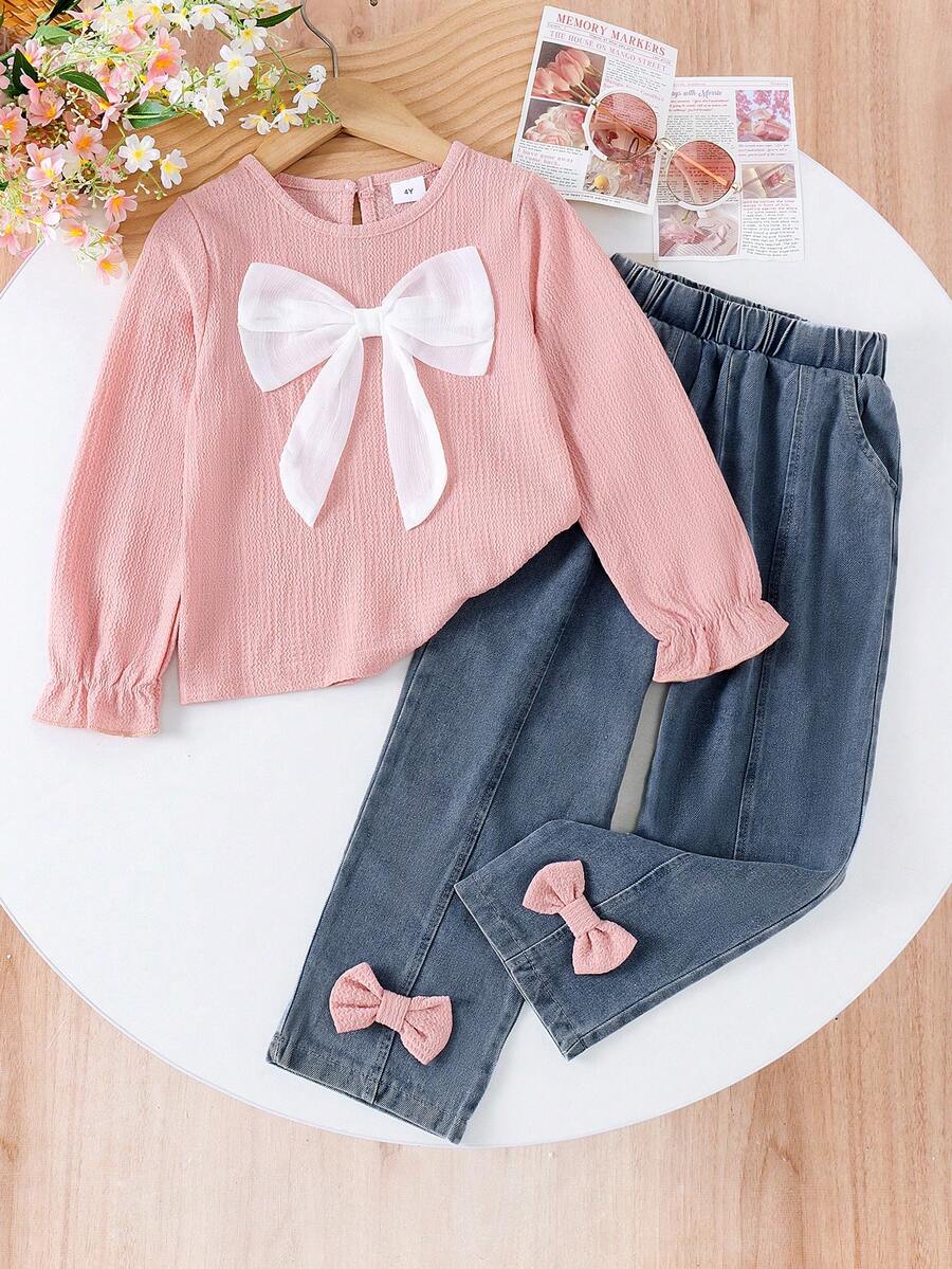 2pcs Young Girl Cute Bow Decor Long Sleeve Top & Denim Long Pants Set, Spring & Autumn - Baby Pink - View 1