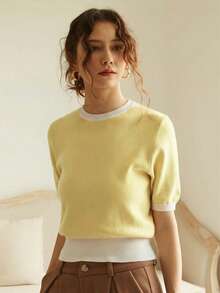 Elegante Damen Frühlings-/Sommer Mode Alltags Lässig Französischer Stil Gerippter Saum Kurzarm Farbblock Strick Pullover Top, Minimalistischer Retro Frühlings-/Sommer Stil, Frühlings-/Sommer Damenmode, Valentinstag Damenmode - Hellgelb - Übersicht 3