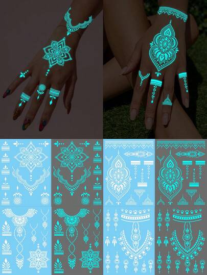 夜光蓝色临时纹身贴纸，白色蕾丝星月曼陀罗美甲贴，DIY婚礼、闪亮音乐节、嘉年华、情人节、派对礼品，适用于手腕、脚踝、肩膀、脖子、锁骨、身体皮肤