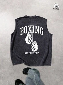 Hemo 男士夏季街头风印花加大码背心，水洗黑色休闲宽松无袖上衣，适合日常穿着 - 黑色 - 查看 1