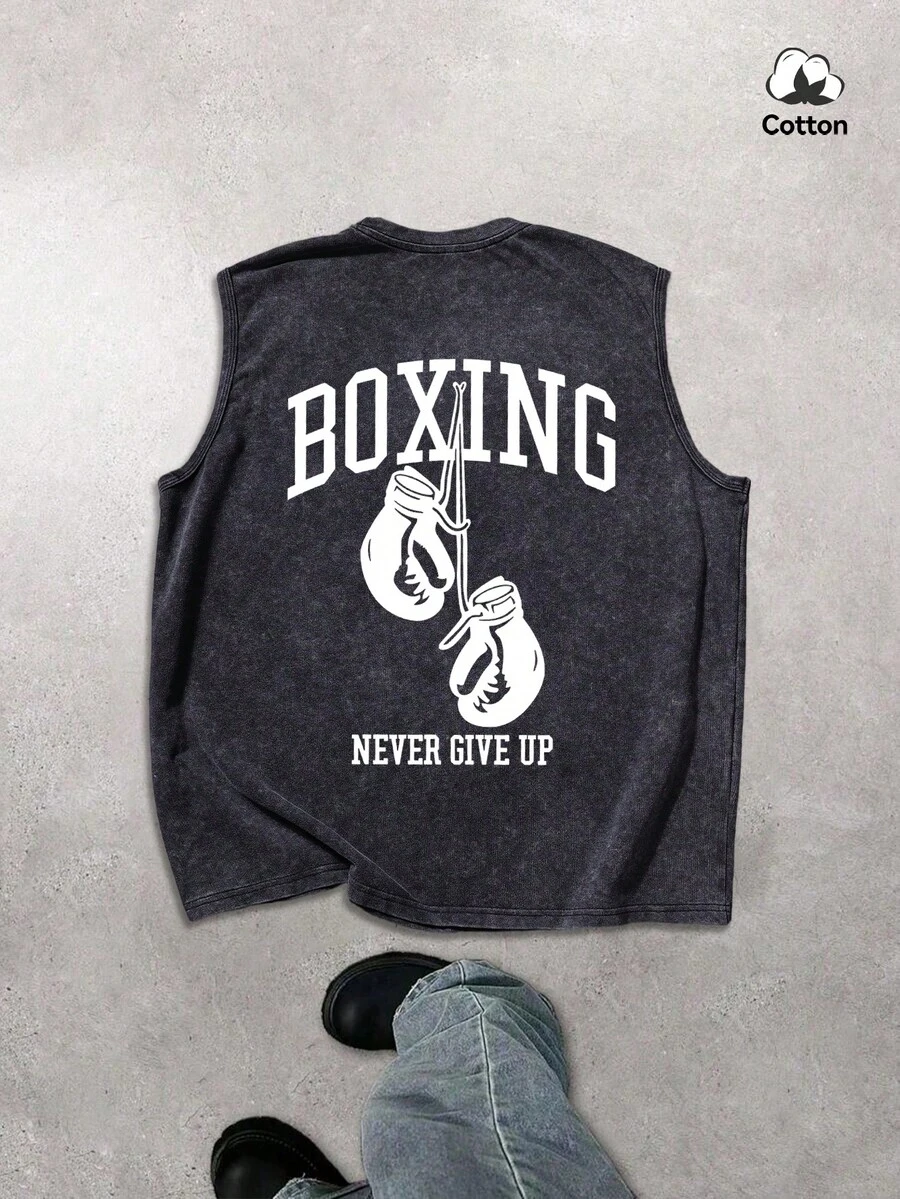 Hemo 男士夏季街头风印花加大码背心，水洗黑色休闲宽松无袖上衣，适合日常穿着 - 黑色 - 查看 1