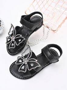 A Pair Of 2026 New-Style Girls' Net-Sheer Rhinestone Flower Glitter Sequin Anti-Slip Open-Toe Low-Top Flat Sandals | Suitable For School Days Outfits / Family Picnics / Children's Park Outings - Black - View 5