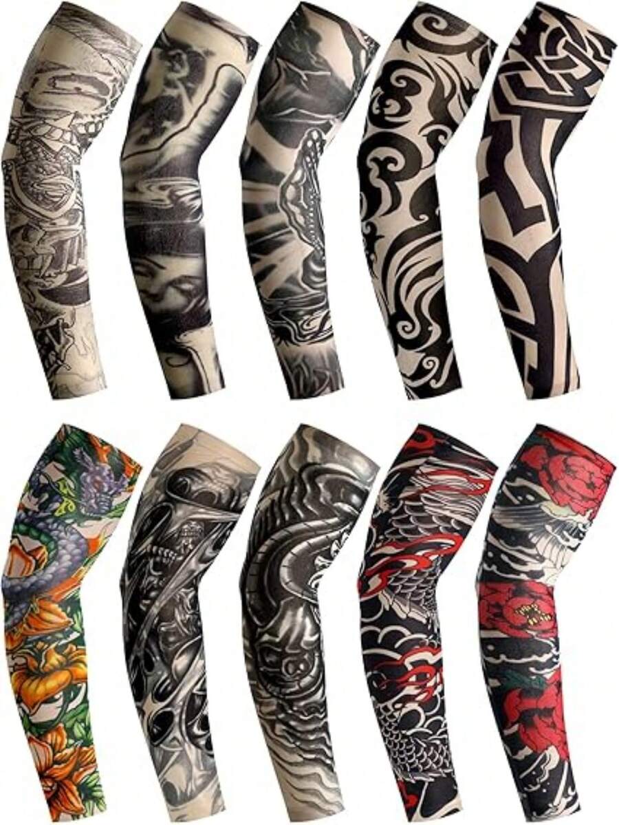 Manches de tatouage imprimées minimalistes, manches de cyclisme anti-UV sans couture pour l'été, manches de compression élastiques unisexes, design de tatouage pour les fêtes. Convient pour le cyclisme, le football, la randonnée, la pêche, la conduite et autres activités de protection solaire en extérieur.