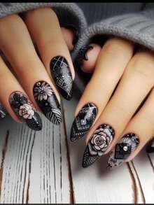 Dark Gothic Style Hand-Painted 3D Floral & Checkerboard Pattern Long Stiletto Fake Nails - Black - View 1