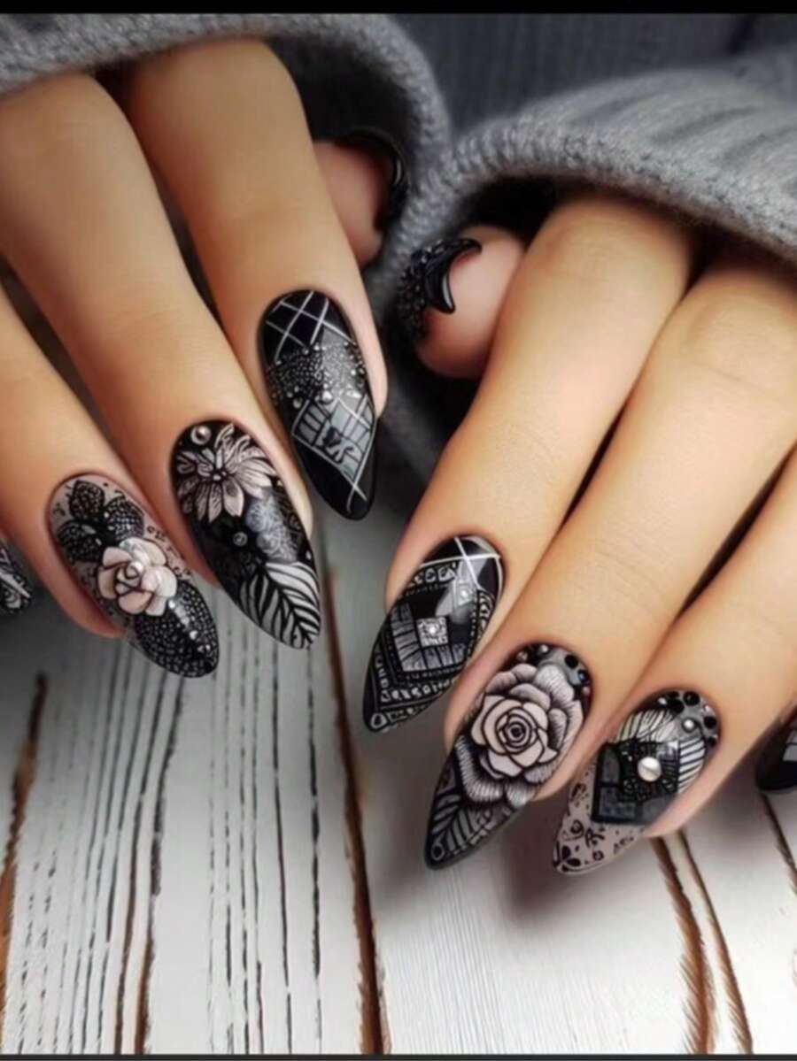 Dark Gothic Style Hand-Painted 3D Floral & Checkerboard Pattern Long Stiletto Fake Nails - Black - View 1