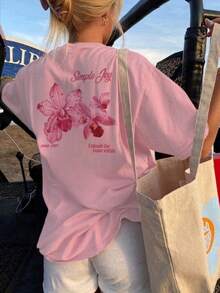 Playera Casual de Mujer, Cuello Redondo, Mangas Cortas, T-shirt Estampada de Flor Hawaiana, Femenina - Rosa - Ver 1