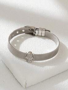 1pc Stainless Steel Silver Full Metal Fatima Hand Bracelet, Suitable For Daily Wear - Silver - View 4