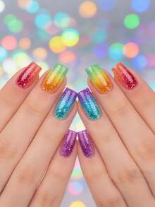 24片彩虹渐变闪粉短棺材形假指甲 - 鲜艳的渐变色和闪亮效果，自粘凝胶美甲，适合骄傲月/派对 - 彩色 - 查看 2