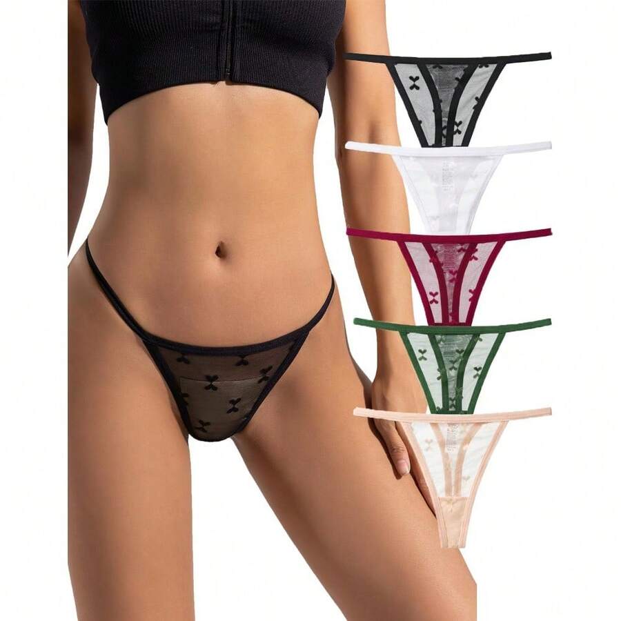 Set Of 5 Women's T-Back Lace Hollow Out G-String Thongs Sexy Low Waist Panties Intimate Underwear Ladies Lingerie - Bộ 5 chiếc, nhiều màu sắc - Xem 1