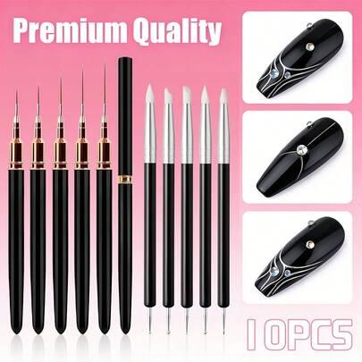 10支装美甲勾线笔和点彩笔套装，凝胶美甲护理工具，精准勾线笔和设计笔，适用于复杂美甲设计。尼龙刷毛和ABS塑料手柄。适合美甲沙龙和美甲爱好者使用。