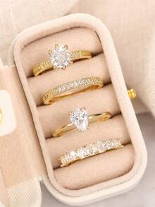 4 piezas Anillos de circonita cúbica preciosos con caja para mujeres para boda, compromiso, aniversario, fiesta, joyería, regalo del Día de San Valentín - 1# - Ver 11