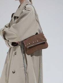 1pc Women's Burgundy Studded Chain Crossbody Bag | Waterproof Multi-Functional Mini Purse | Fashion Holiday Gift Bag For All Seasons - Women's Bags - View 18