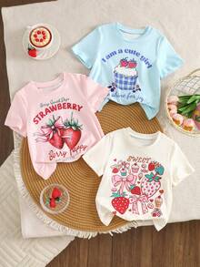3pcs/Set Girls' Sweet Cute Strawberry Print T-Shirts, Casual Simple Fashion, Suitable For Young GirlDaily Wear And Gatherings, Spring/Summer - Pink - View 1