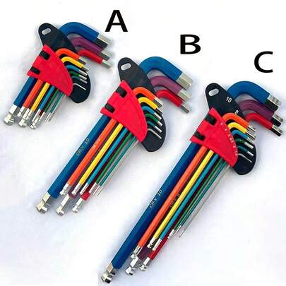 9件套L型彩色六角扳手工具组，方便携带，可轻松放入口袋。您可以选择短款、长款或超长款六角螺丝刀工具。