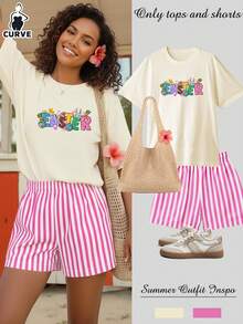 2026 Easter Bunny Plus Size Women's Casual Loose Short Sleeve Top And Striped Pants Set, 2-Piece Outfit, Oriental Aesthetic Streetwear Summer Elegant - Apricot - View 2