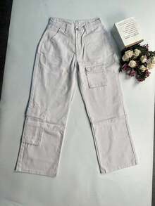 Stylish Denim Wide Leg Long Pants For Women With Drawstring, Zipper, And Pockets White - White - View 6
