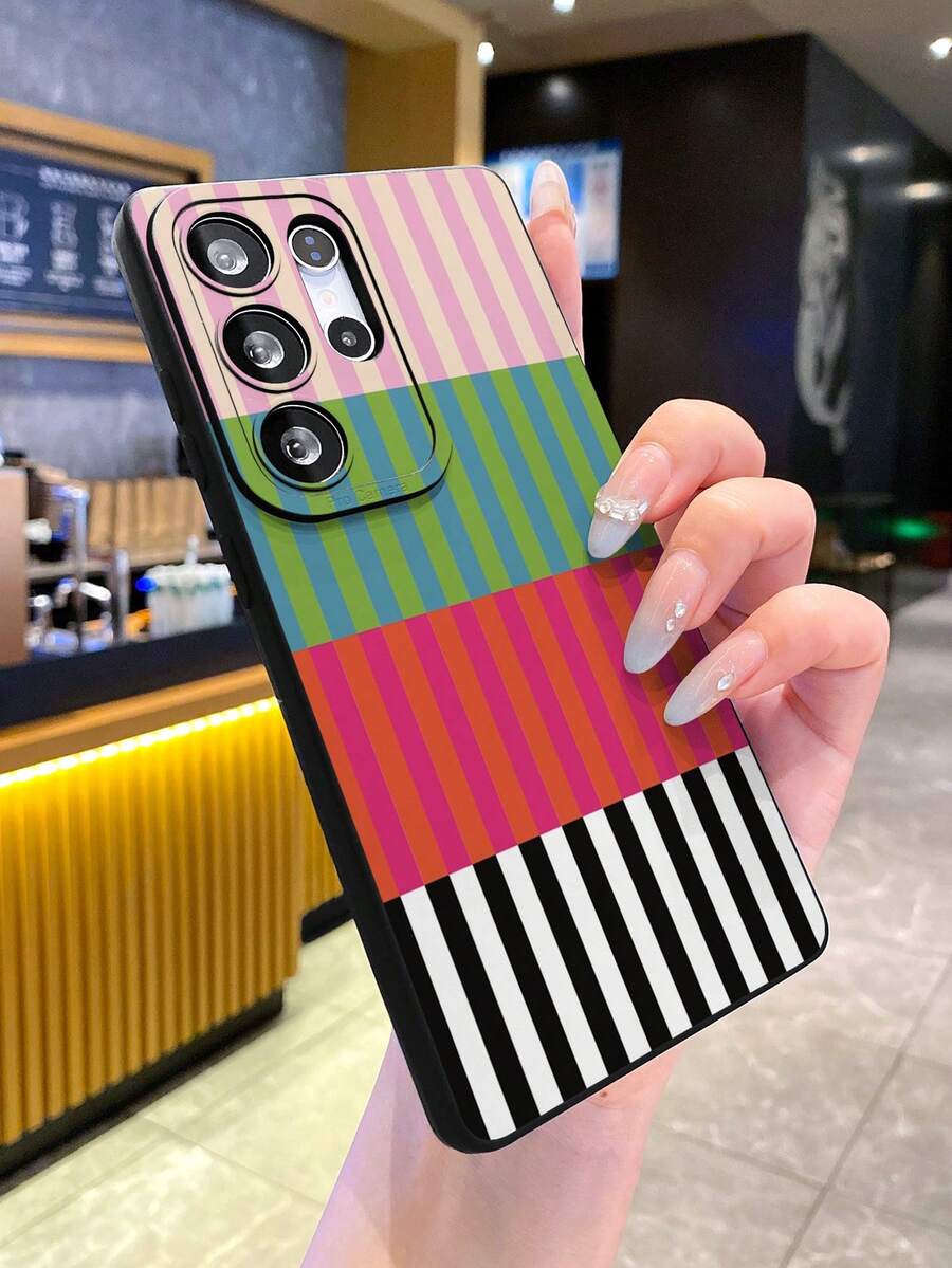 New Striped Pattern Matte Texture Phone Case, Anti-Fall Anti-Scratch Anti-Fingerprint Black TPU Soft Shell, Camera Lens Protection Compatible With Samsung, Compatible With Redmi, OPPO, VIVO - Multicolor - View 1