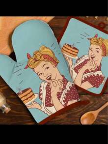 1 Set Including 1 Pair Heat Resistant Gloves And 1 Piece Heat Resistant Mat, Made Of Polyester Fiber, Cartoon Pattern, Home/Kitchen Oven Gloves, Baking Gloves With Heat Resistant Mat, Thanksgiving, Halloween Protection Set - Multicolor - View 11