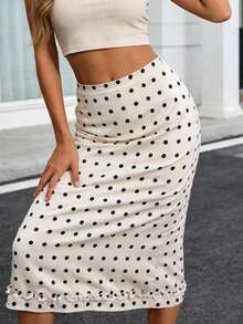 Womens Midi Skirts Casual Ruffled Trim Dot Print Mid Rise Skirt For Daily Life Club Party And More - 淺黃色 - 查看 2