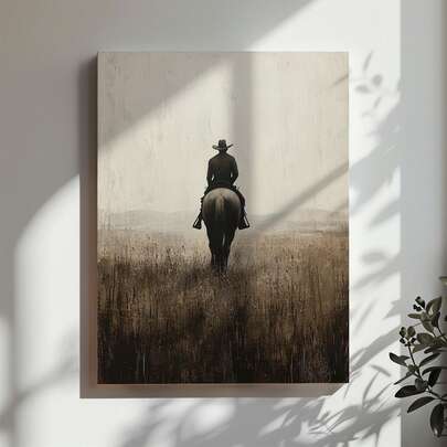 1幅帆布墙画，带框墙饰，牛仔骑马油画海报，简约复古风格墙饰，暗黑西部风格墙画，西部复古墙饰，中性乡村风格牛仔海报，牛仔印刷品，牛仔墙饰，西部海报，西部印刷品，西部墙饰，复古家居装饰