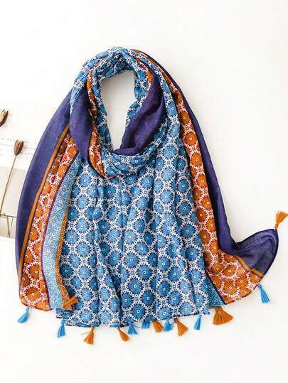 1 pieza Bufanda ligera con borlas de estilo bohemio y patrón geométrico de moda para mujer, adecuada para citas, uso diario, fiestas, viajes, playa y salidas