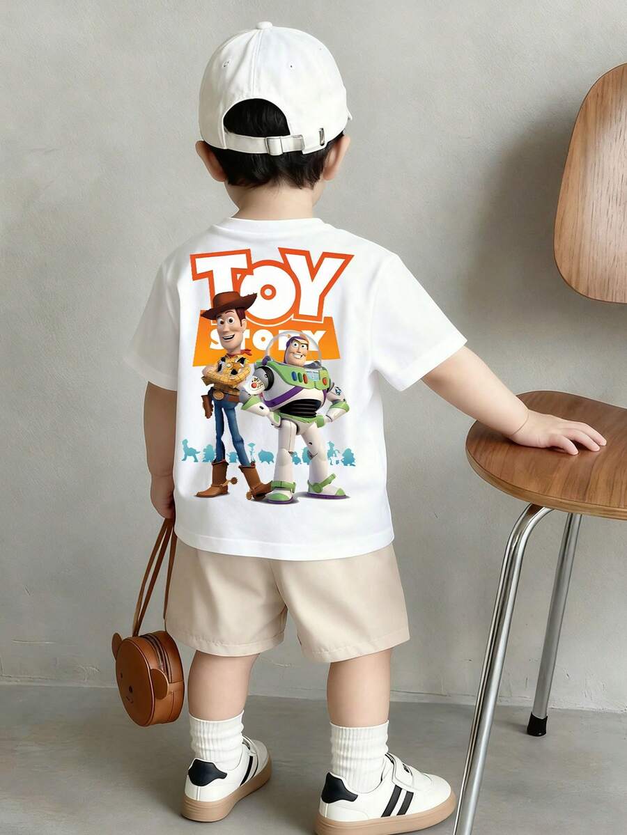 Disney Playful Style Toy Story Tee Buzz Lightyear & Woody Print Boys Casual Versatile Short Sleeve Top - 白色 - 查看 1