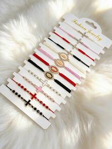 多件套圣母玛利亚手链，女士/女孩水晶十字架手链，人造水晶串珠手链，墨西哥手链，手工编织手链套装，时尚首饰，女士叠戴手链，手链吊坠配饰，手链套装，Y2K手链，可调节手链，串珠手链，女士手链绳，女士首饰配饰，友谊手链，情侣手链 - 十字架款 - 查看 9