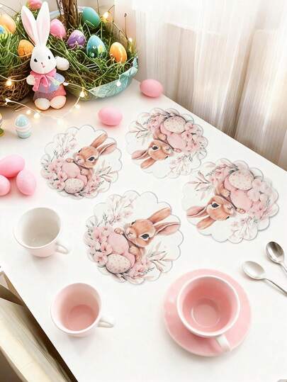 4pcs Easter Thick Linen Placemat ,Easter Bunny Egg Design,Washable Linen Round Table Mats With Scalloped Edges - Vibrant Floral Design, Easter Party Decor,Happy Easter Decor, Room Decoration, Perfect For Daily Use And Holiday Parties, Seasonal Tableware, Holiday Table Setting, Spring Party Decoration, Fabric, Decorative Place Settings, Party Supplies, Decor For Home
