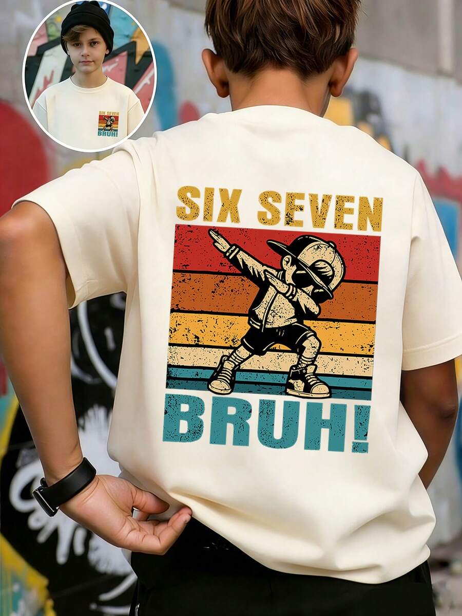 Tween Boy "Six Seven Bruh" Funny Internet Meme 67 Element With Dab Dance Print T-Shirt, Suitable For Boys' Party, Street, Event Wear, Fashion Summer Top - Apricot - View 1