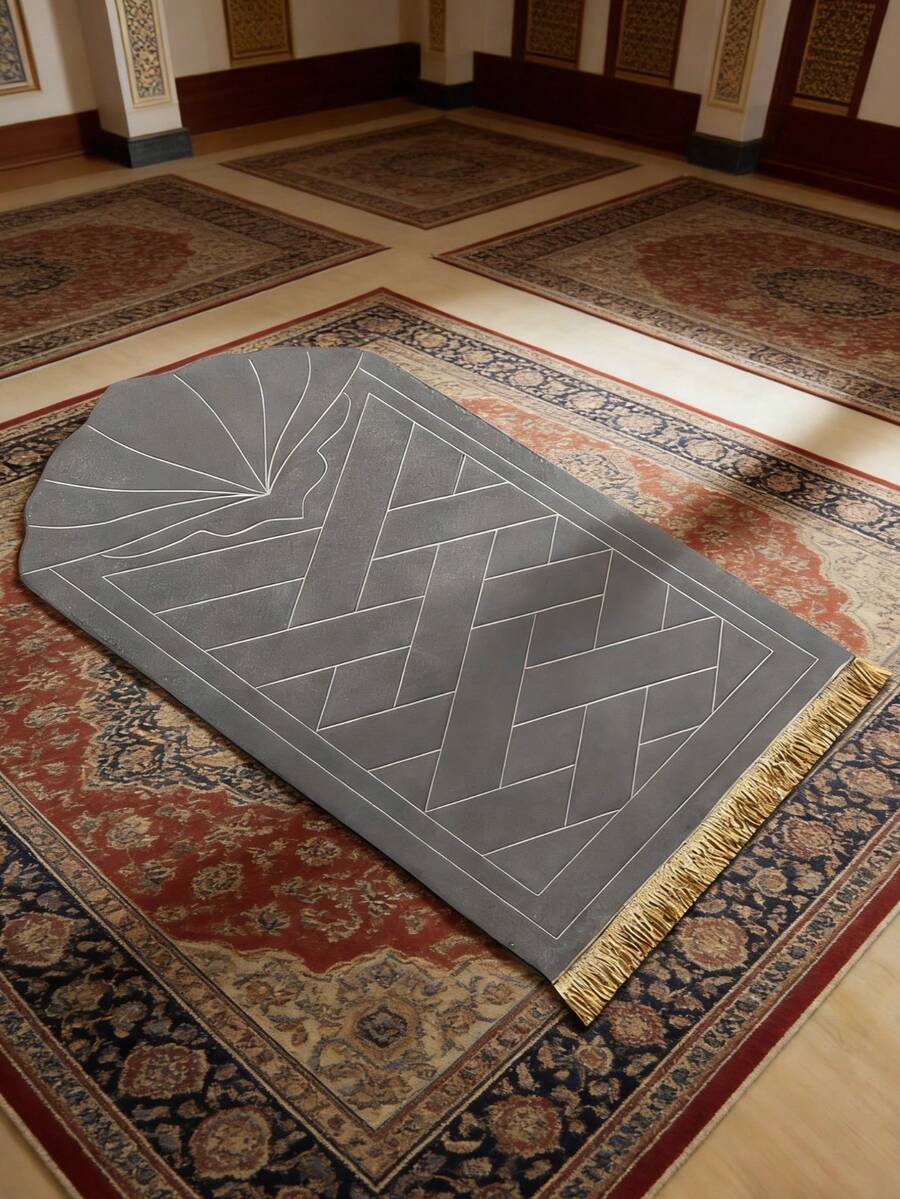 1 pieza Elegante alfombra de oración con estampado floral - Material de franela suave, lavable a máquina, alfombra rectangular cómoda con acentos dorados, diseño de mezquita para uso en interiores, terciopelo con borlas a rayas grises - Gris - Ver 1