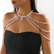 1 pieza Cadena de pecho en forma de mariposa sexy para mujeres, cadena de cintura y hombro de borla de estilo europeo y americano con perlas - Multicolor - Ver 9