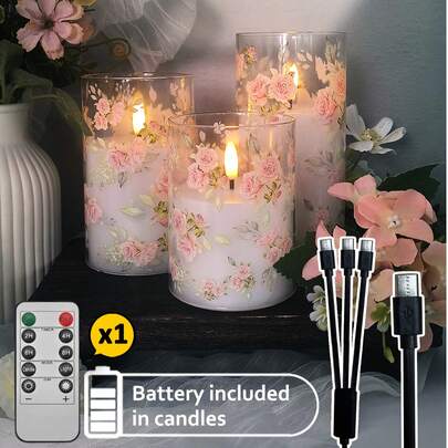 Bộ 3 đèn nến không lửa sạc lại được, có hẹn giờ và điều khiển từ xa, nến LED sạc lại được với họa tiết hoa hồng, không tan chảy, màu trắng ngà, ngọn lửa ấm áp, thích hợp cho gia đình, Halloween, Giáng sinh, Ngày lễ tình nhân, quà tặng, sinh nhật, đám cưới, tiệc tùng, tạo không khí lễ hội khác nhau.