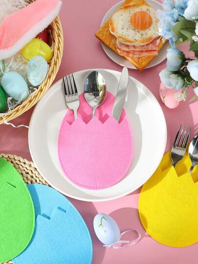 4/8/12件装复活节餐具收纳袋，毛毡复活节彩蛋造型餐具整理袋，刀叉勺收纳袋，家居春季复活节派对餐桌装饰，婴儿派对