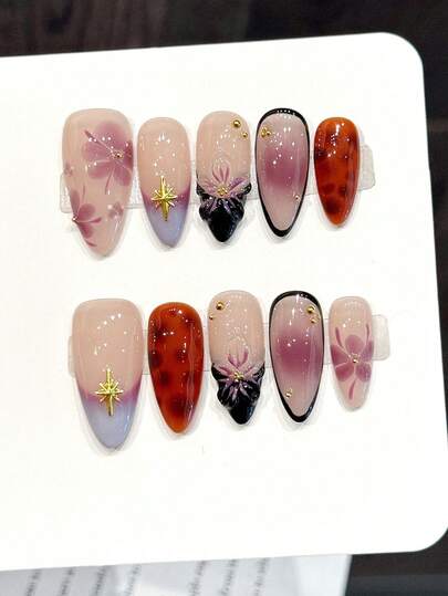 10 piezas de uñas acrílicas postizas con estampado floral rosa y morado para el Ramadán, degradado nude con estrellas doradas y uñas ámbar, puntas de uñas francesas, uñas falsas de almendra de longitud media, suministros de arte de uñas DIY, reutilizables, con pegamento de gelatina y lima de uñas, aptas para uso diario