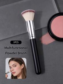 1pc Black Soft Flat Top Powder Brush, Blush Brush, Highlighter Brush, Contour Brush, Multi-Functional Makeup Brush - Black - View 3