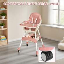 Removable 2-In-1 Baby High Chair, Double Tray Feeding Seat Converts To Low Chair, Portable Design With Locking Wheels And Storage Basket - Pink - View 8