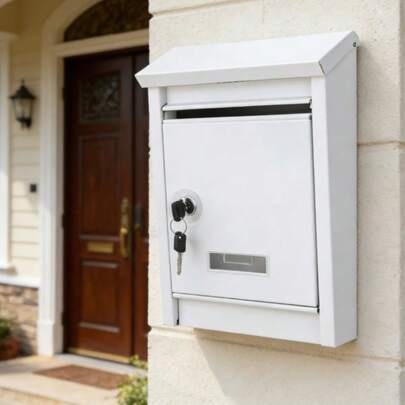 Bezpieczna skrzynka na listy montowana na ścianie – wysokość 300 mm, wykończenie w kolorze białym, trwała konstrukcja metalowa, do użytku domowego
