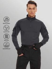 KEFITEVD Men's Tactical Shirt Long Sleeve Combat Shirt 1/4 Zip With Pockets Military Paintball Airsoft Breathable - Xám - Xem 2