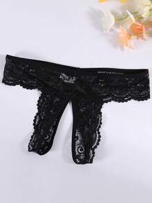 2 chiếc quần lót nữ màu đen xuyên thấu gợi cảm, phối ren, đáy hở, đính ngọc trai. - màu đen - Xem 4