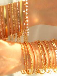 12件/套 波西米亚风多款手链套装，优雅仿珍珠亮片多层叠戴手链，适合女性日常佩戴、送礼、度假首饰（随机搭配） - 金黃色 - 查看 1