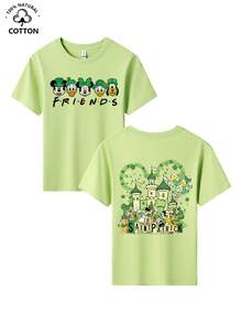 This Short-Sleeved T-Shirt Is A Special St. Patrick's Day Gift For Girls Aged 4–12. It Features A Print Of Disney Mickey, Minnie, Donald, Goofy, And Other Cartoon Characters. The Crew Neck Style Is Accented With Clover And Castle Heart Patterns, And It Is Crafted From Pure Cotton Fabric. This Soft, Breathable Green Casual Base Layer Pairs Easily With Denim Shorts, Overalls, Pleated Skirts, Sports Skirts, Princess Skirts, And More. Made With Soft, Skin-Friendly, And Breathable Fabric That Blends Comfort And Cuteness, It Is Suitable For Various Occasions Including Disneyland Visits, School Days, Holiday Parties, Family Outings, Matching Outfits With Friends, Weekend Shopping, And Picnics. It Is An Essential Spring And Summer Top For Girls, Ideal For Creating Festive Looks And Versatile Everyday Styles. - Matcha xanh - Xem 3