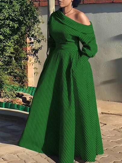 Plus Size Women's Dress, Colorblock Striped Print, Asymmetric Collar, Long Sleeve Shirt Dress, Pocket Design, Casual Everyday, Fashionable & Elegant, Suitable For Vacation, Office Commute, Autumn/Winter