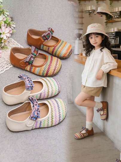 2026春节新款婴儿鞋，编织彩色鞋面，透气时尚，可爱蝴蝶结装饰，防滑鞋底，方便穿脱的魔术贴搭扣。