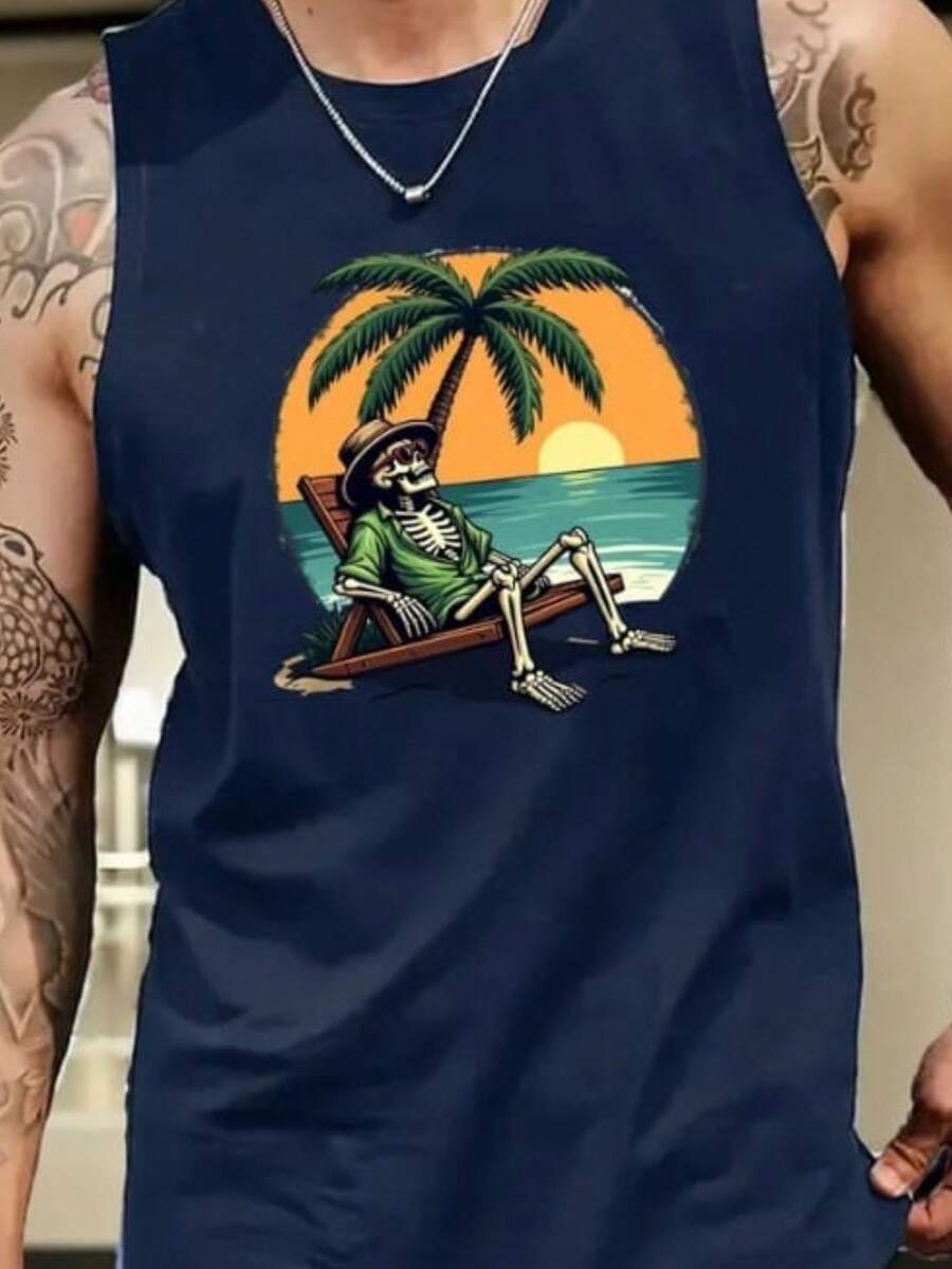Men's Tank Top With Tropical Skull Print – Premium Casual Style - 藏蓝色 - 查看 1