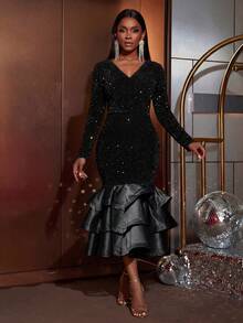 Faeriesty Women's Elegant V-Neck Sequin Mermaid Long Sleeve Fitted Mid-Calf Dress With Layered Satin Ruffle Hem, Suitable For Party, Evening, Wedding Guest, Cocktail Vacation - Black - View 1