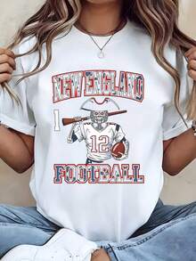 Unisex New England Football Graphic Print T Shirt With Number 12 And Pirate Helmet Design For Sports Fans And Game Day C - White - View 1