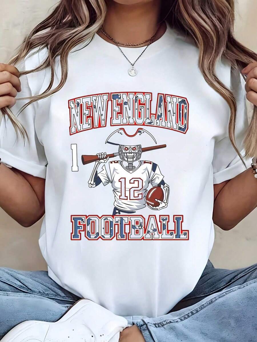 Unisex New England Football Graphic Print T Shirt With Number 12 And Pirate Helmet Design For Sports Fans And Game Day C - White - View 1